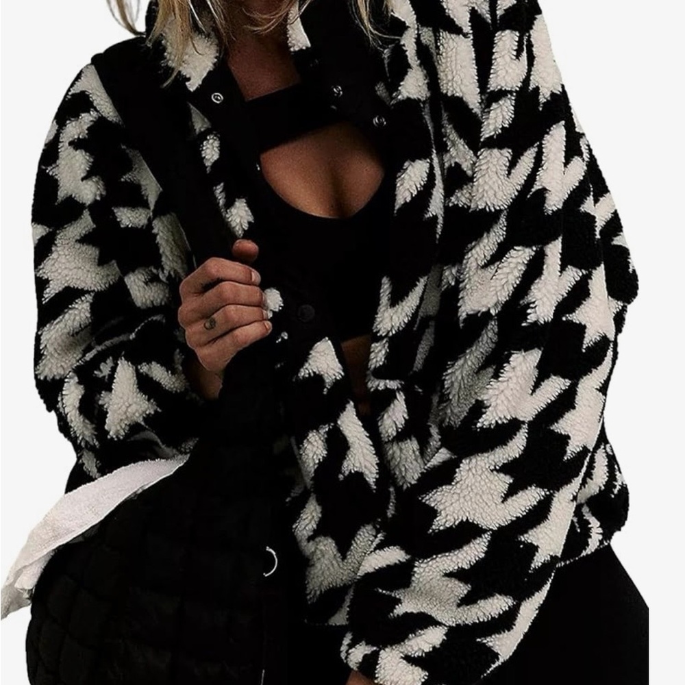 Free People Hit The Slopes Printed Fleece Jacket Houndstooth